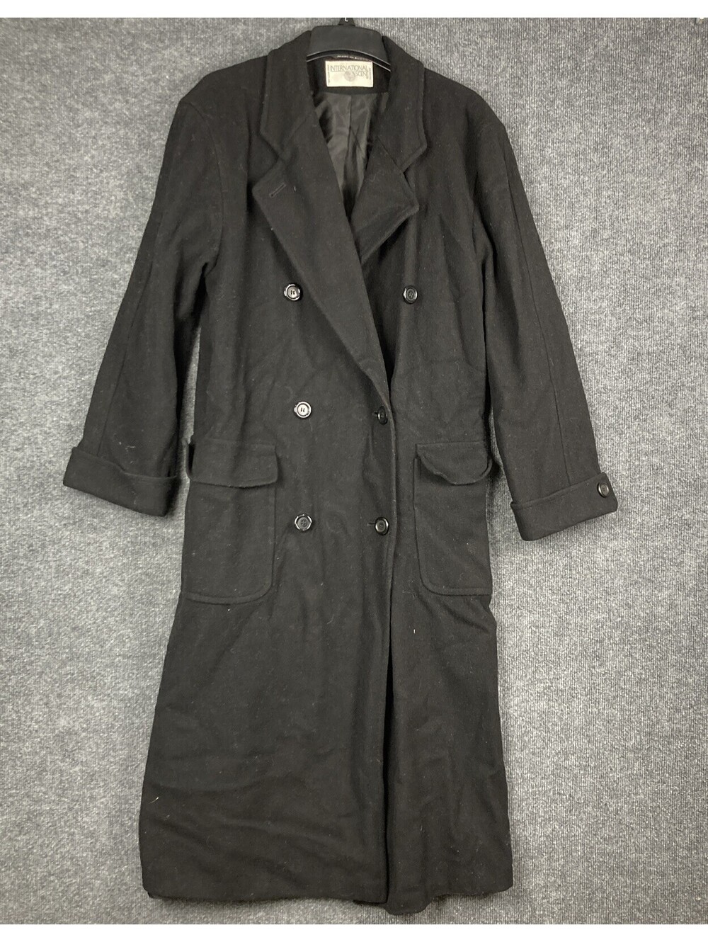 International Scene Womens 12 Black Wool Trench Coat Made In Russia Vintage